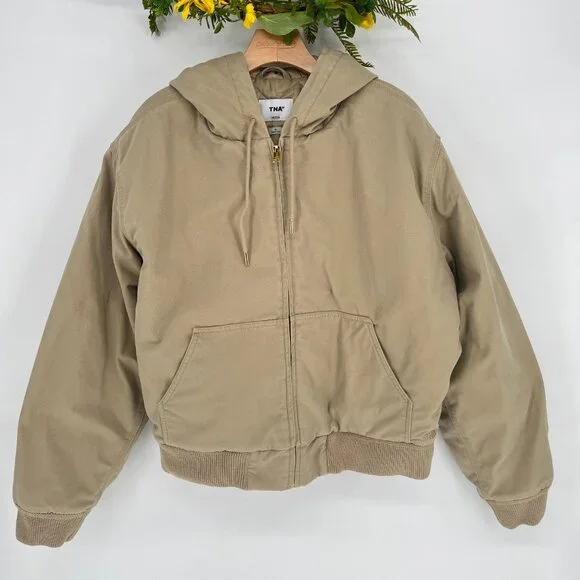 Aritzia TNA Cozy Canvas Zip Hoodie Jacket Coat Womens XL‎ Beige Tan Workwear - Picture 12 of 16